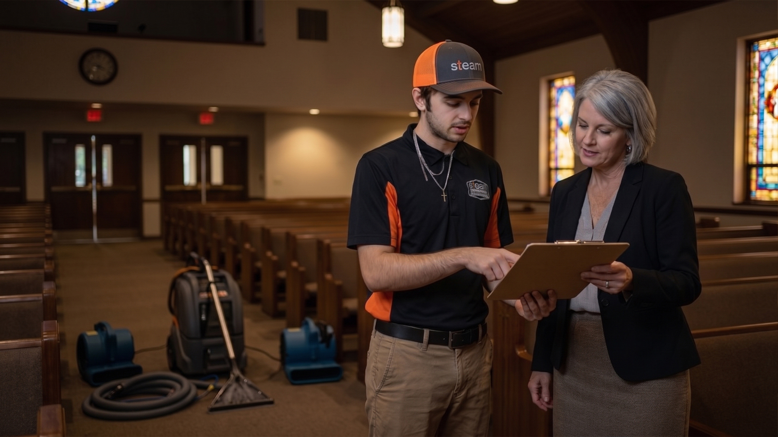 Technician and church administrator reviewing an evening carpet cleaning schedule in a Houston sanctuary